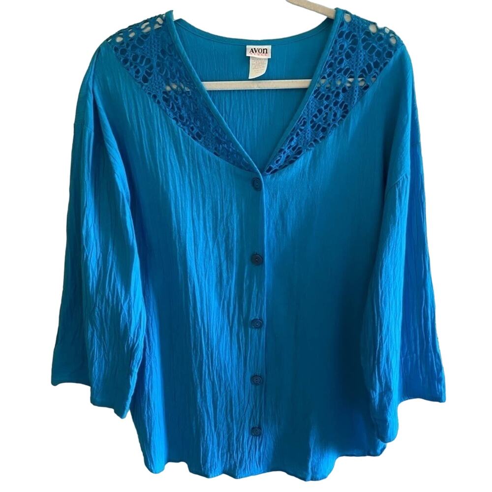 Avon Style Vintage 100% Cotton Blue V-Neck Button Up Tunic Crochet Blouse Size S